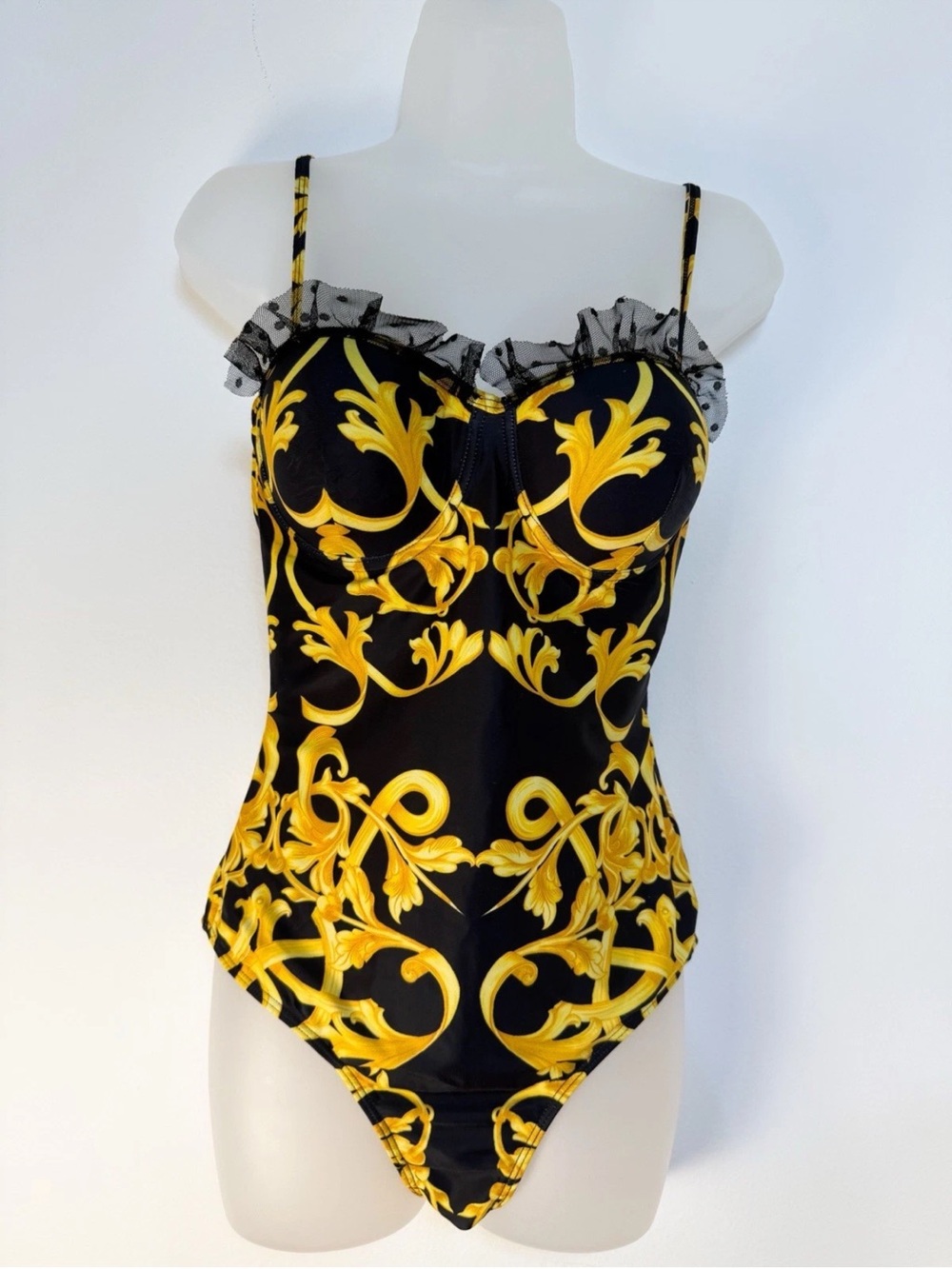Sz Medium 🖤💛 Bodysuit Sweet Baroque Pattern Black Gold Push Up Adds 1 Size